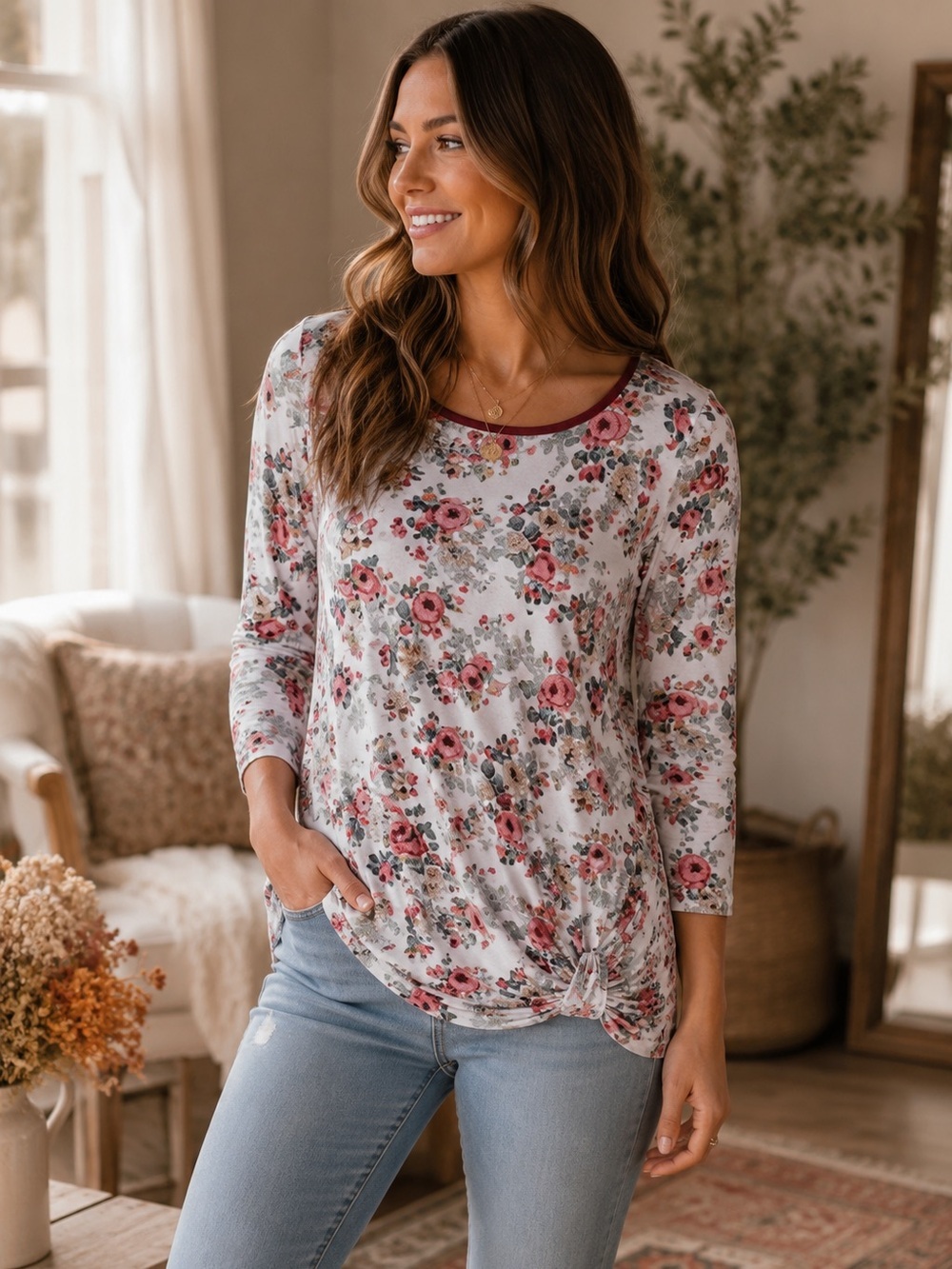 FINAL Acting Pro Multicolor Spring Floral Print 3/4 Sleeve Blouse Top Shirt M